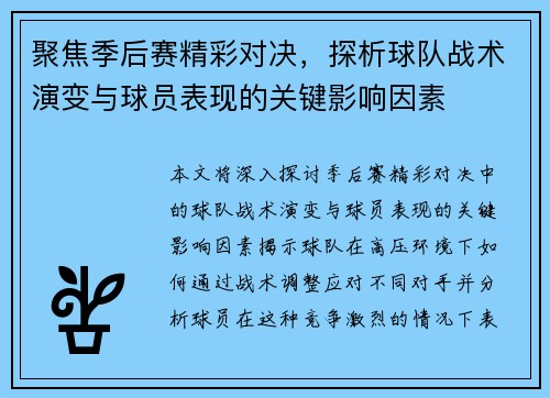 聚焦季后赛精彩对决，探析球队战术演变与球员表现的关键影响因素