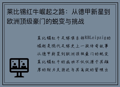 莱比锡红牛崛起之路：从德甲新星到欧洲顶级豪门的蜕变与挑战
