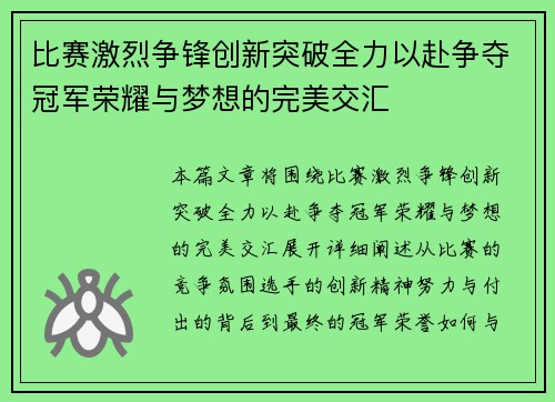 比赛激烈争锋创新突破全力以赴争夺冠军荣耀与梦想的完美交汇